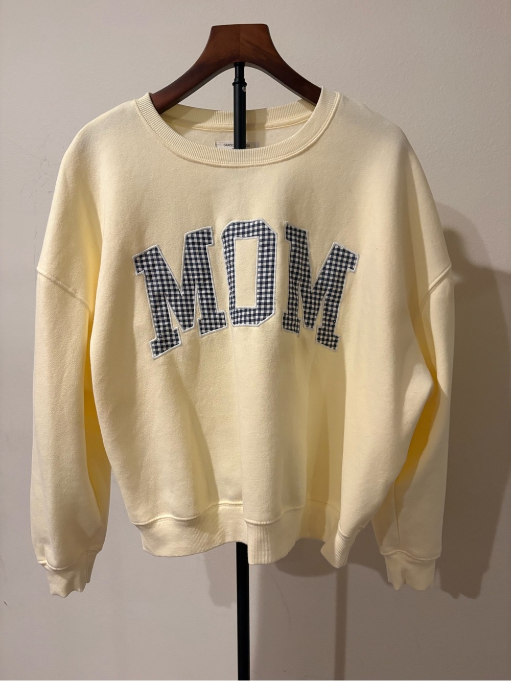 Grayson Threads Cream Crewneck Sweatshirt with Gingham MOM Appliqué L